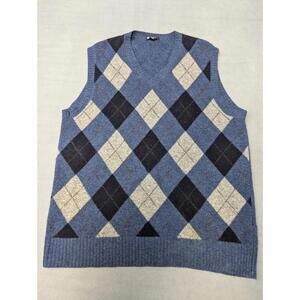 J Crew Sweater Vest Mens L Blue Argyle Lambs Wool V Neck Knit Pullover Preppy